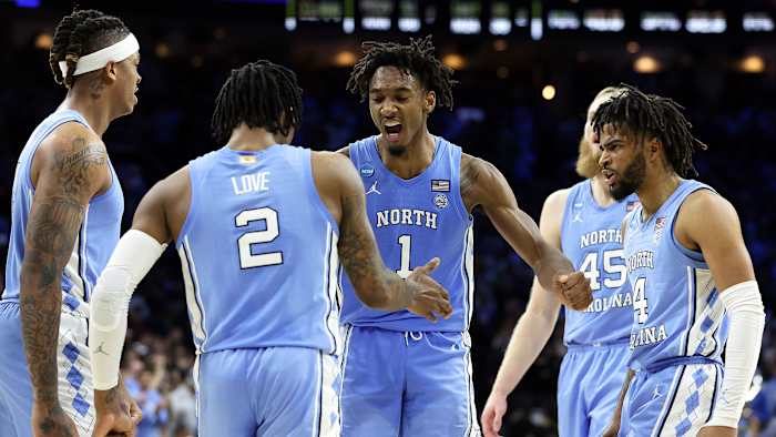 UNC players celebrate during an NCAA tournament game